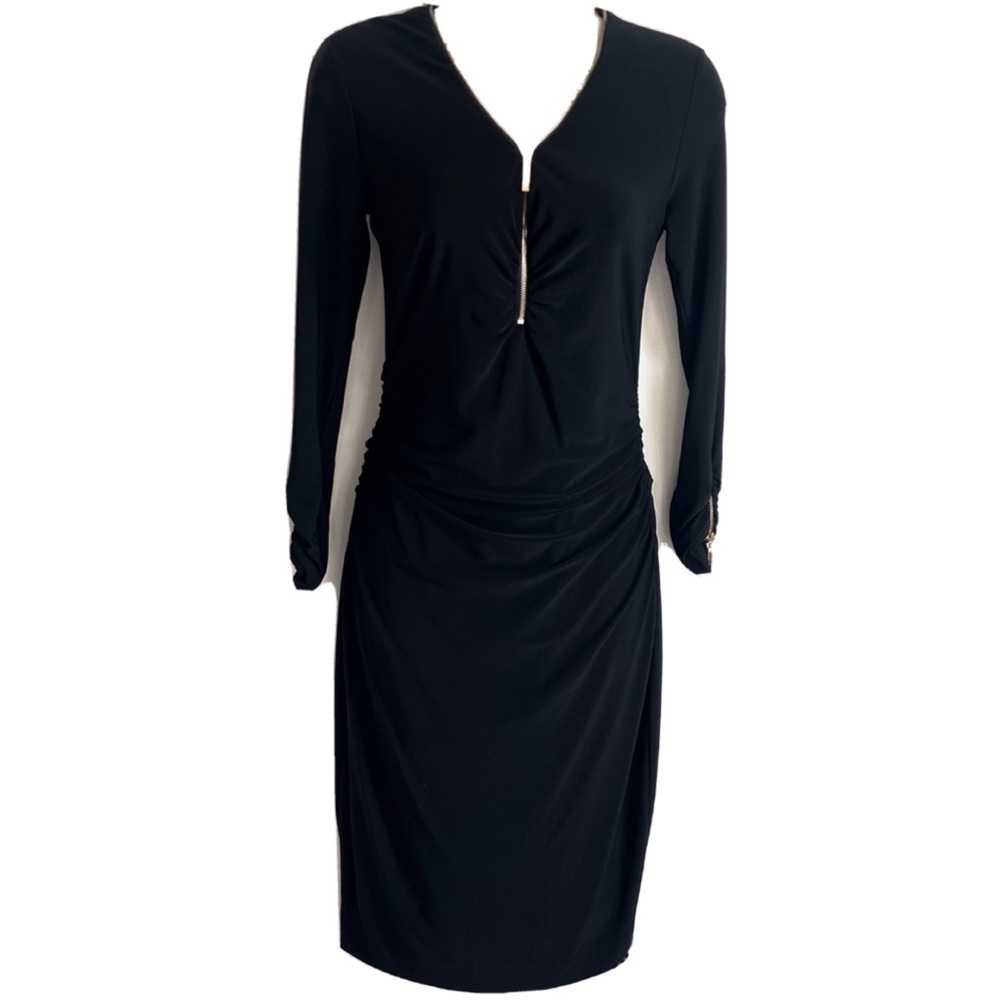 Caché sexy long sleeve v neck gold zip accent stretchy black knee length dress